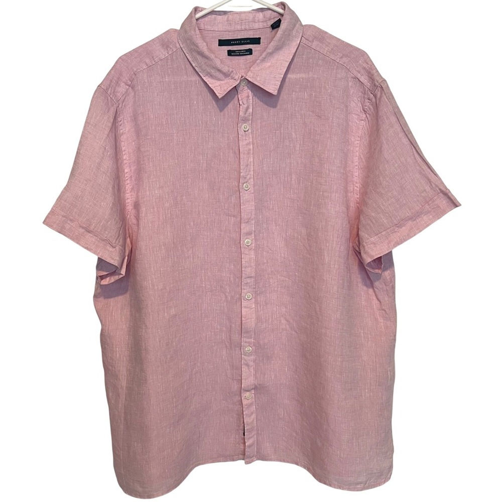 Perry Ellis Men's XXL 100% Linen Short Sleeve Button Up Shirt Pink Coastal Beach